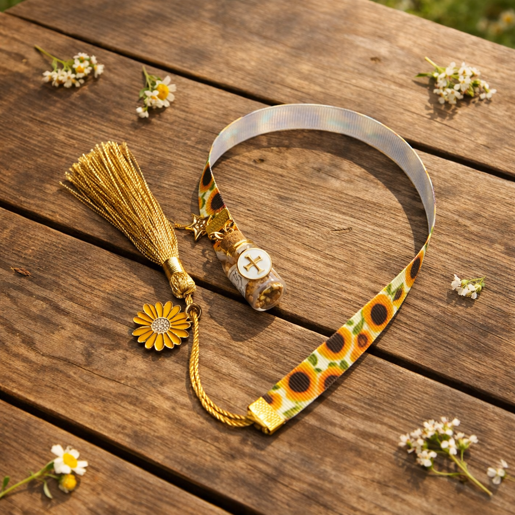 Separador de liston con diseño de girasoles, borla, coldije y frasco con semillas de mostaza