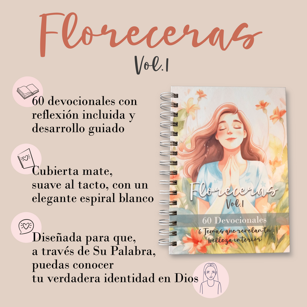 Floreceras Devocional Cristiano para Mujeres en espiral, encuadernado a mano, 60 Devocionales Guiados