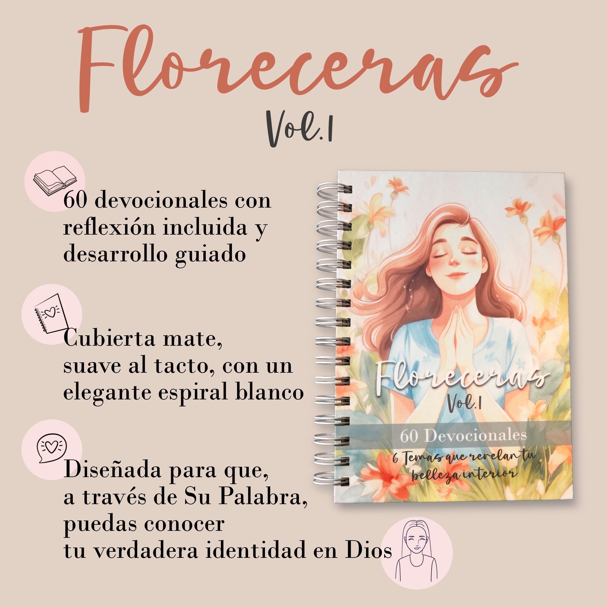 Floreceras Devocional Cristiano para Mujeres en espiral, encuadernado a mano, 60 Devocionales Guiados
