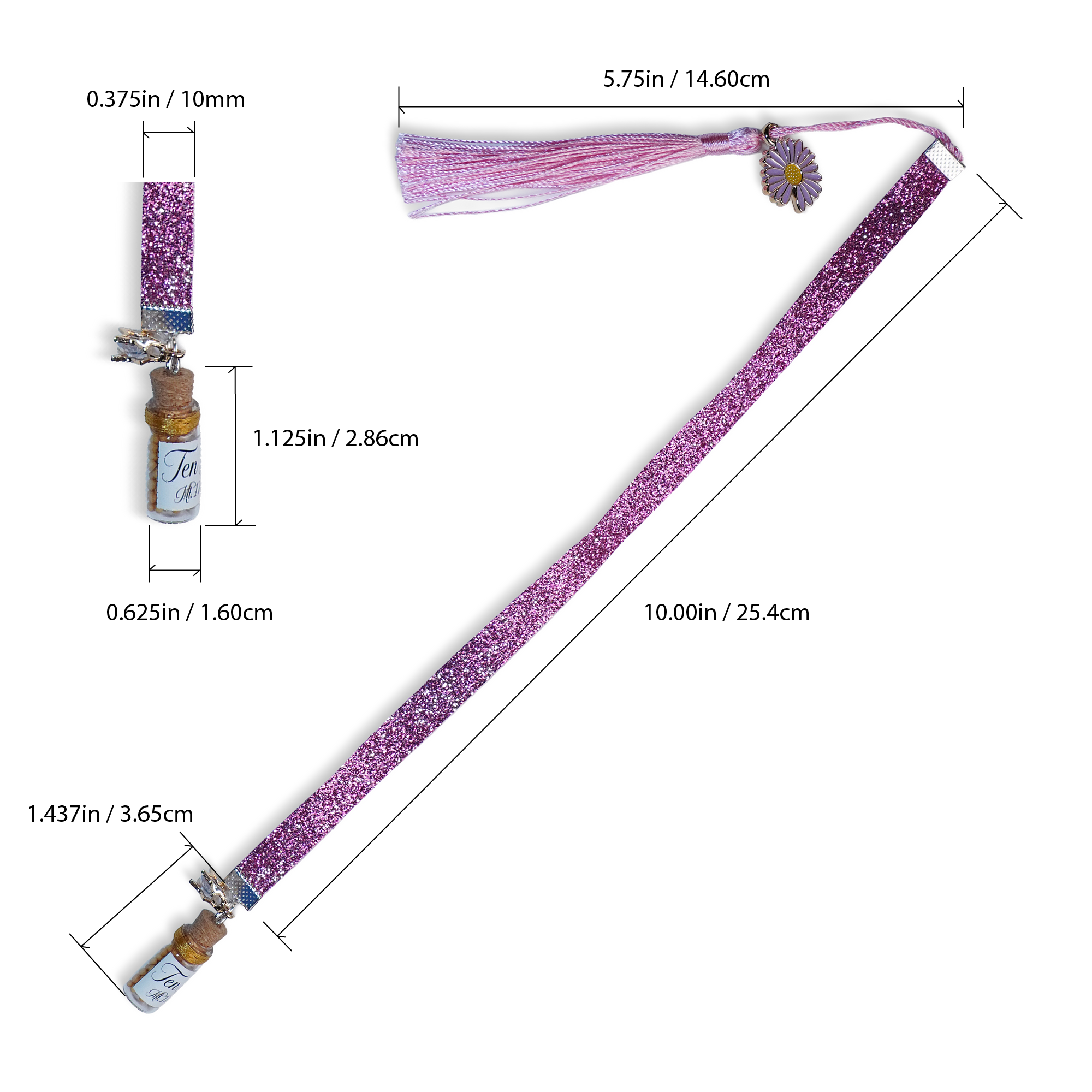 Separador de liston color rosa brillante con borla, coldije y frasco con semillas de mostaza